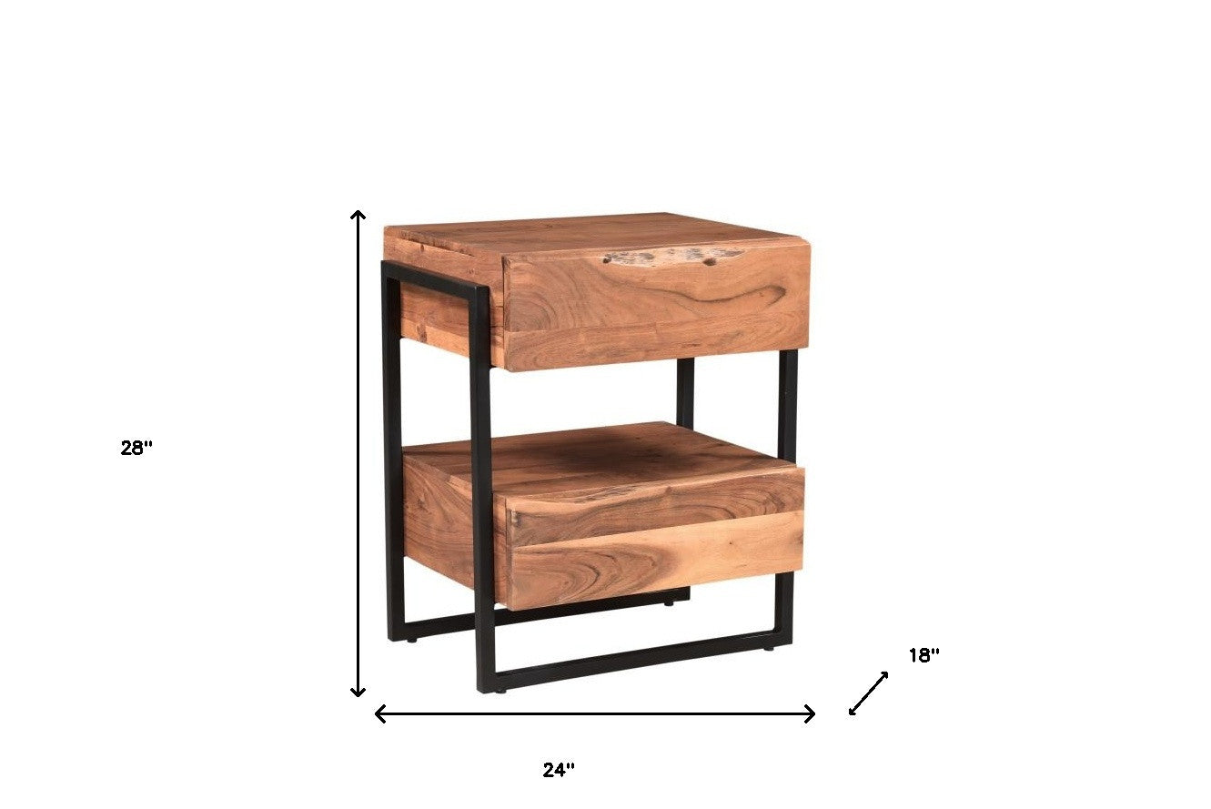 28" Brown Two Drawer Wood and Metal Nightstand