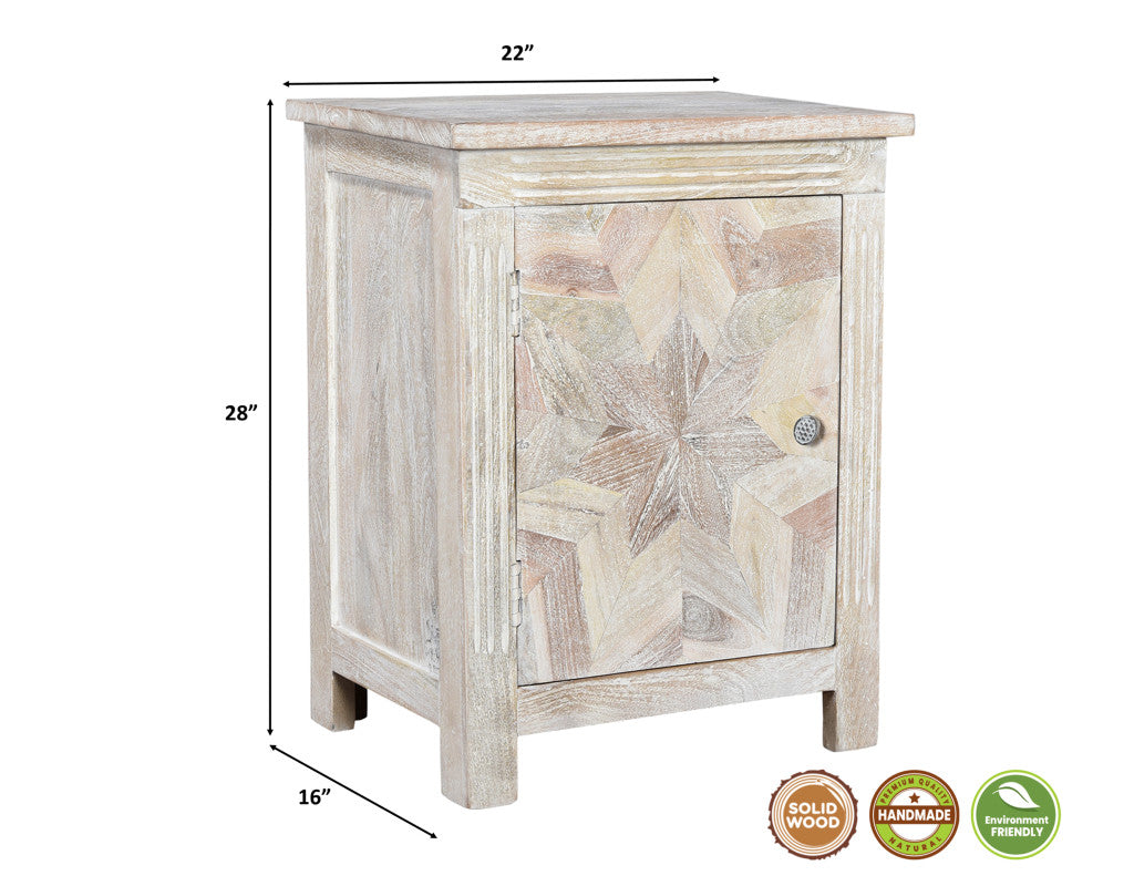 28" Distressed White Starburst Geometric Solid Wood Nightstand