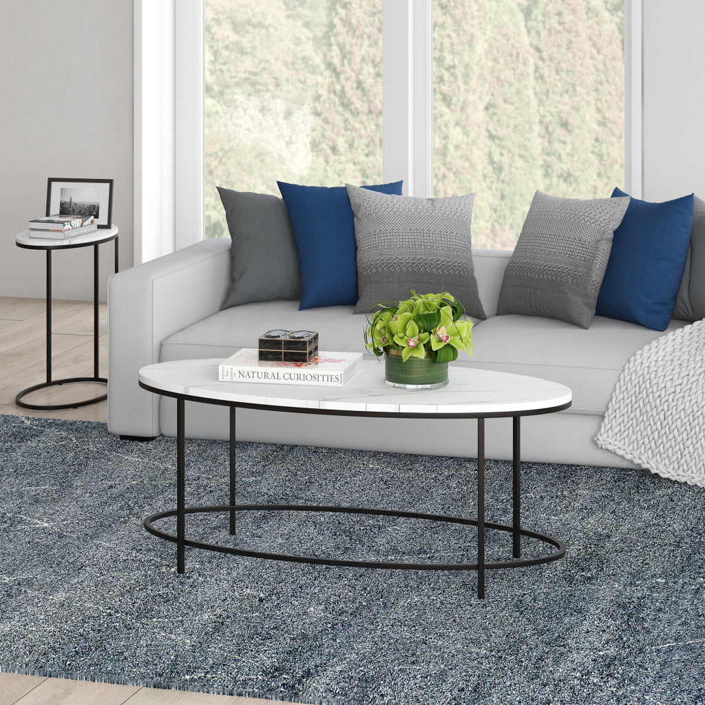 42" White And Black Faux Marble And Steel Oval Coffee Table
