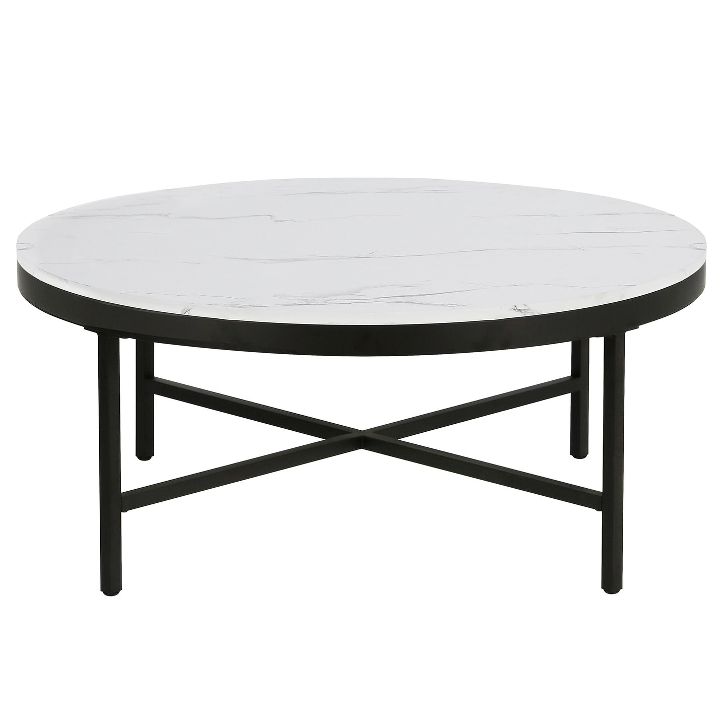 36" White And Black Faux Marble And Steel Round Coffee Table