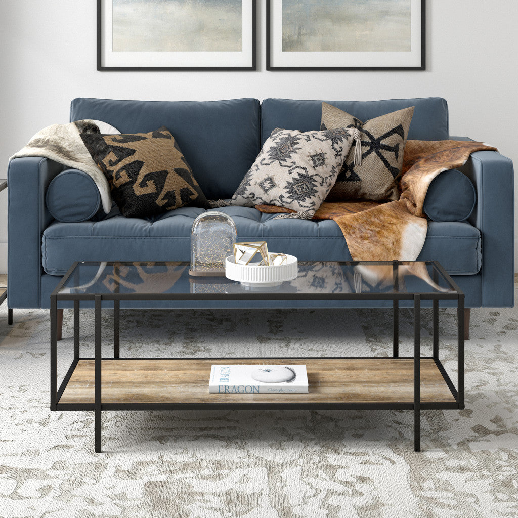 45" Brown And Black Glass And Steel Coffee Table With Shelf
