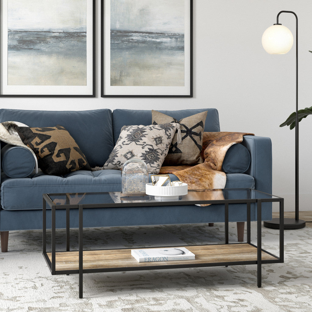 45" Brown And Black Glass And Steel Coffee Table With Shelf