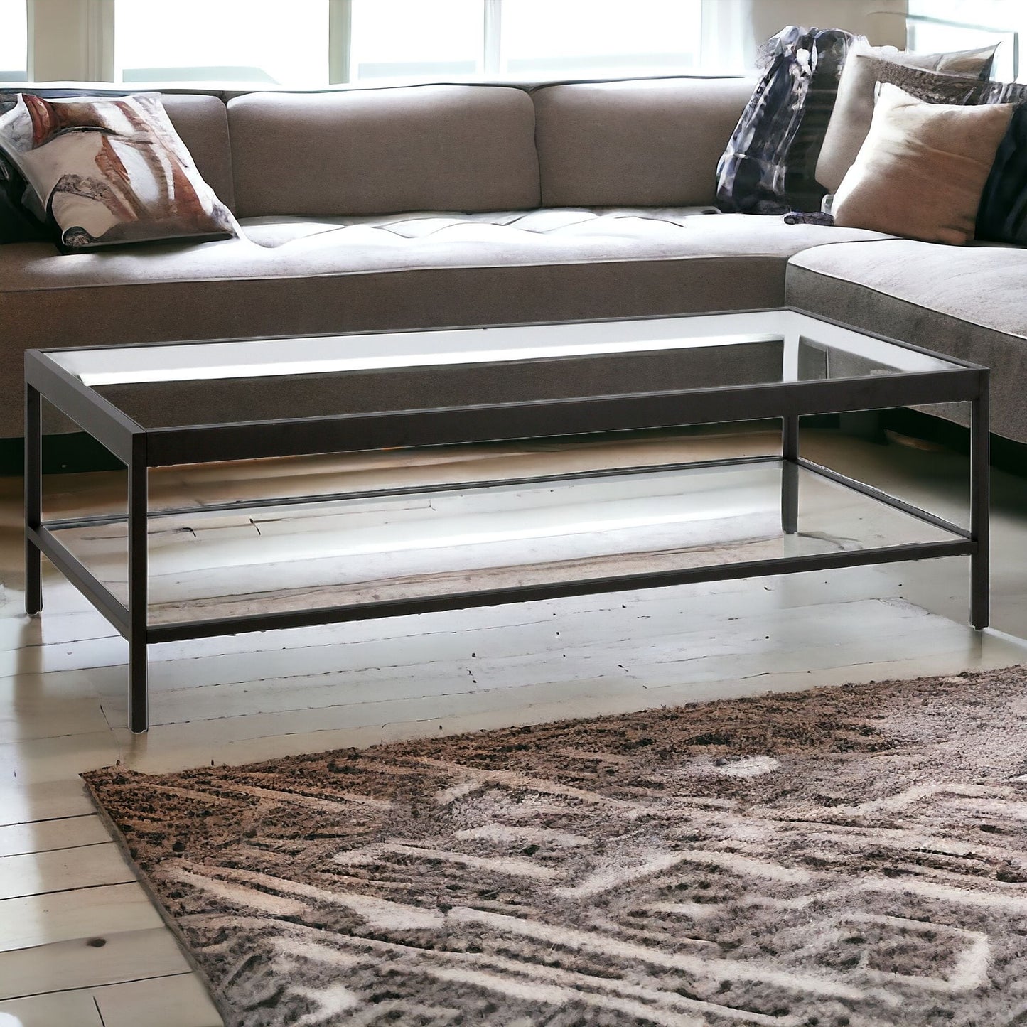 54" Black Glass And Steel Coffee Table With Shelf