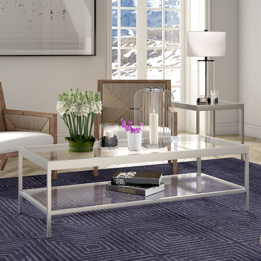 54" Silver Glass And Steel Coffee Table With Shelf