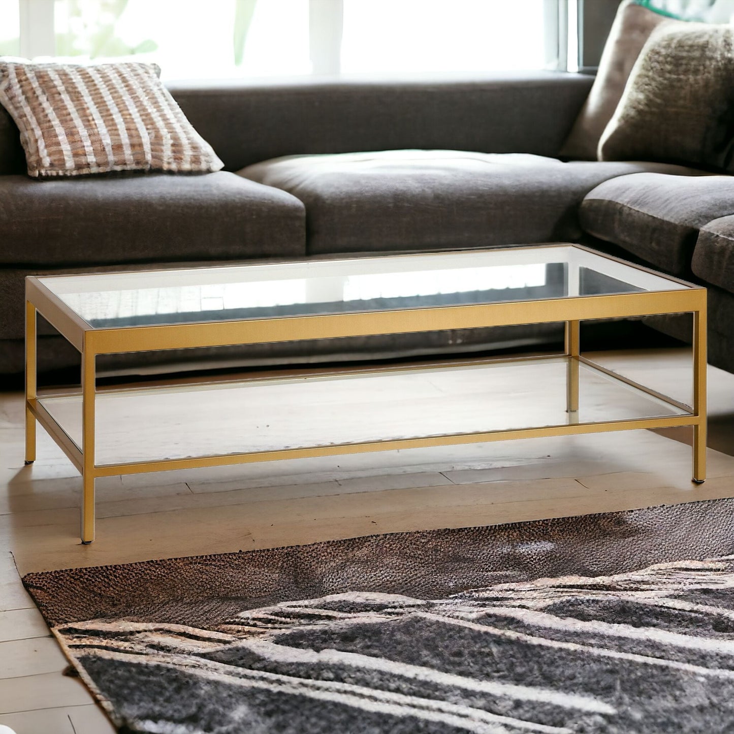 54" Gold Glass And Steel Coffee Table With Shelf