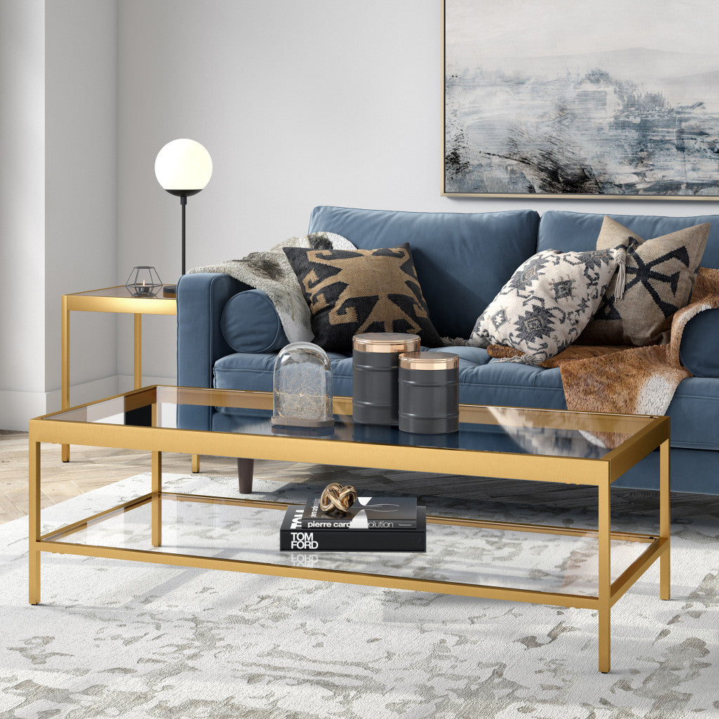54" Gold Glass And Steel Coffee Table With Shelf
