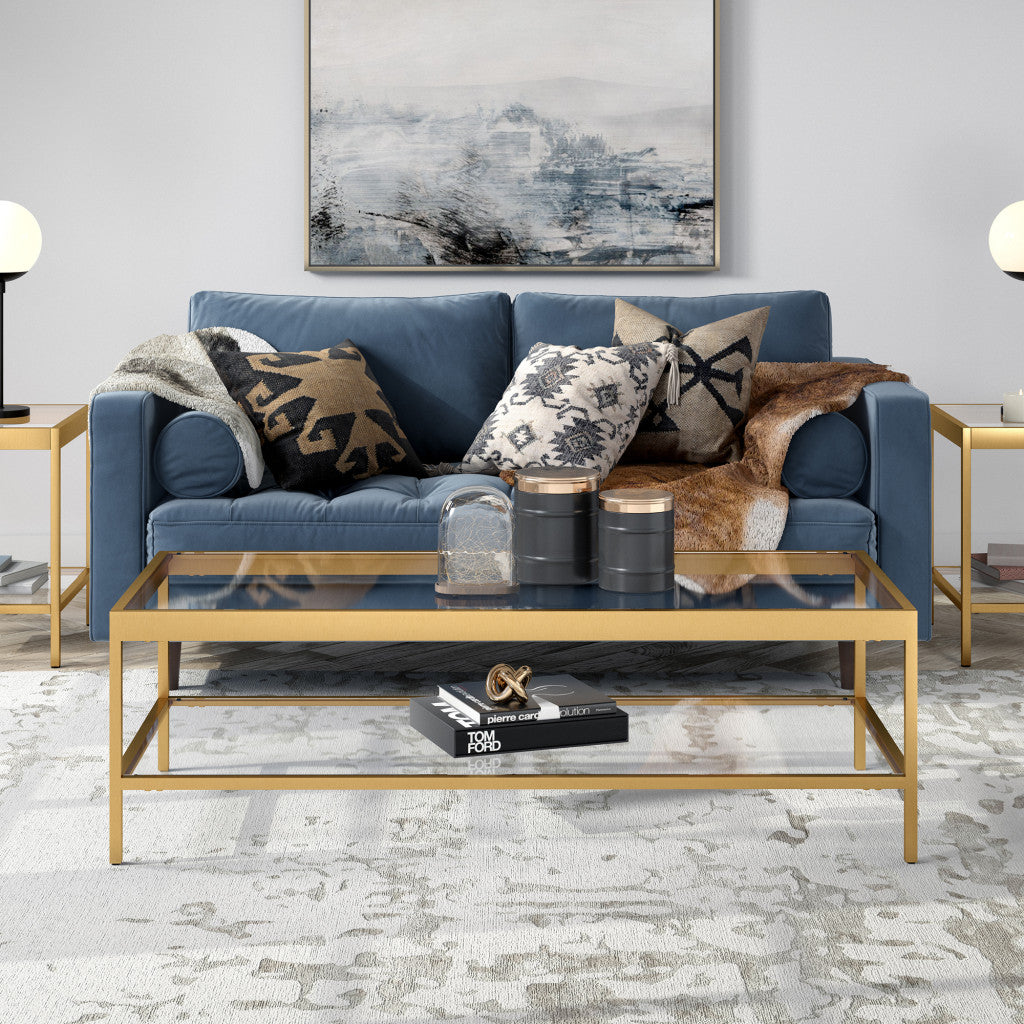 54" Gold Glass And Steel Coffee Table With Shelf