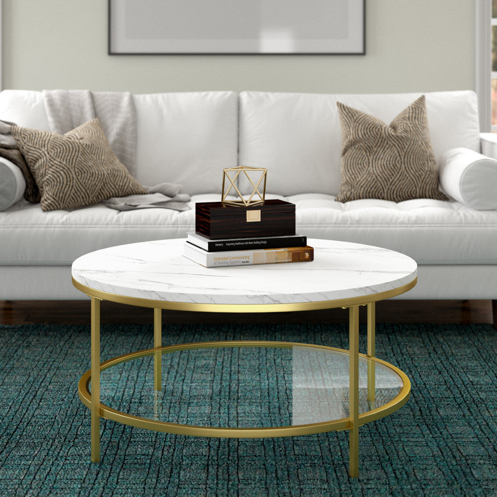 36" Gold Faux Marble And Steel Round Coffee Table With Shelf