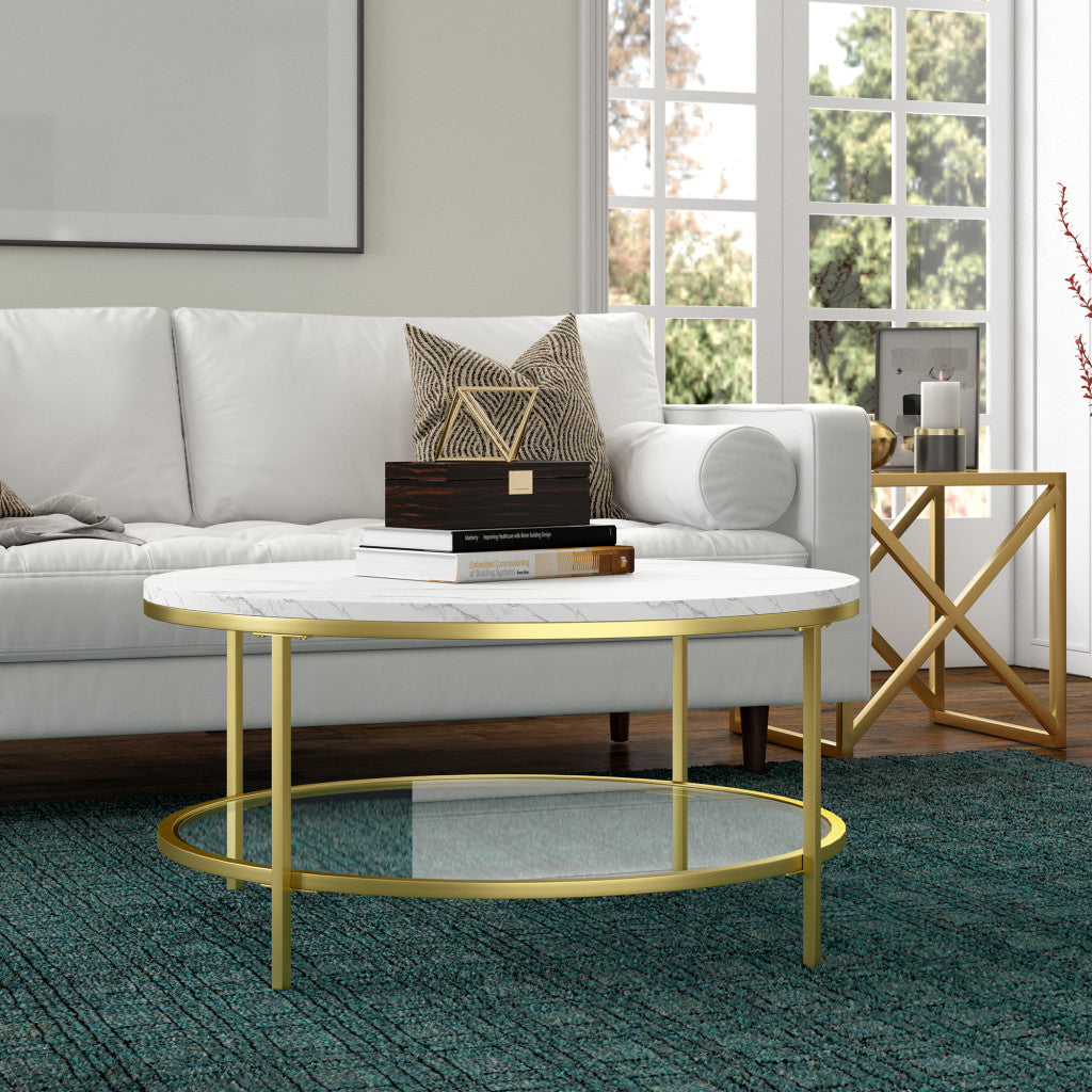 36" Gold Faux Marble And Steel Round Coffee Table With Shelf