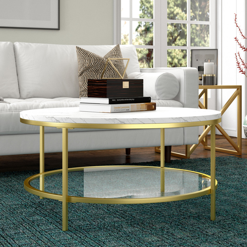 36" Gold Faux Marble And Steel Round Coffee Table With Shelf