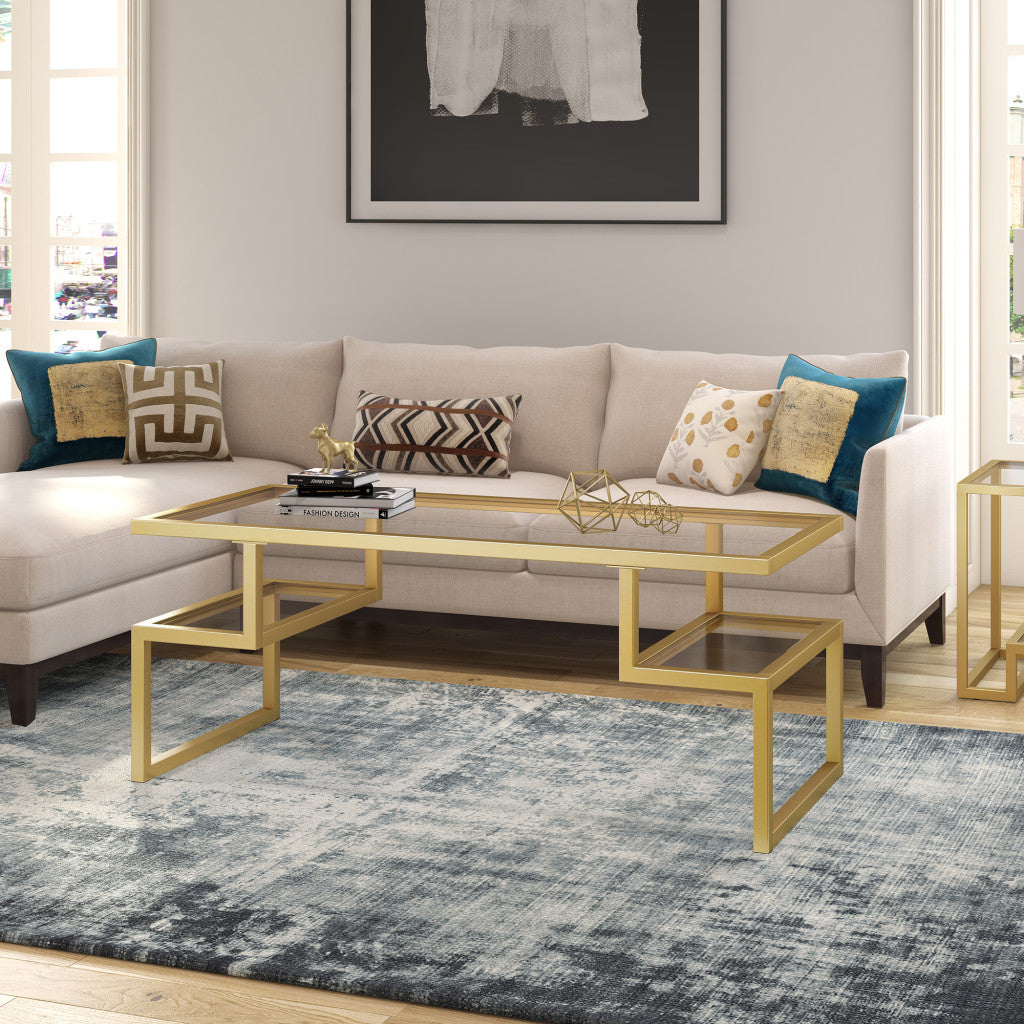 45" Gold Glass And Steel Coffee Table With Two Shelves