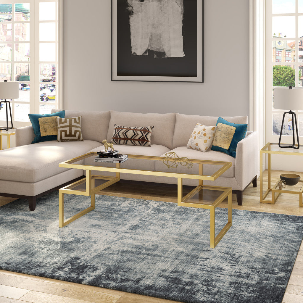 45" Gold Glass And Steel Coffee Table With Two Shelves