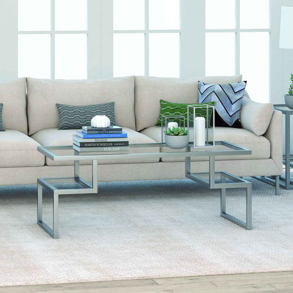 45" Silver Glass And Steel Coffee Table With Two Shelves