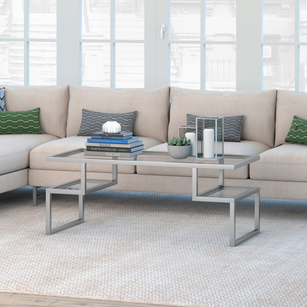 45" Silver Glass And Steel Coffee Table With Two Shelves