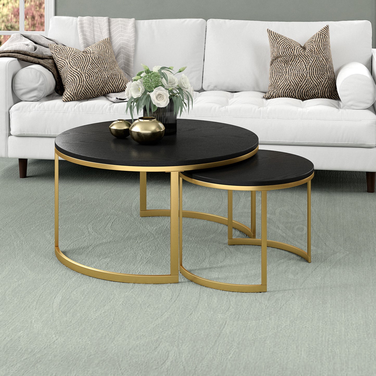 Set of Two 36" Black And Gold Steel Round Nested Coffee Tables
