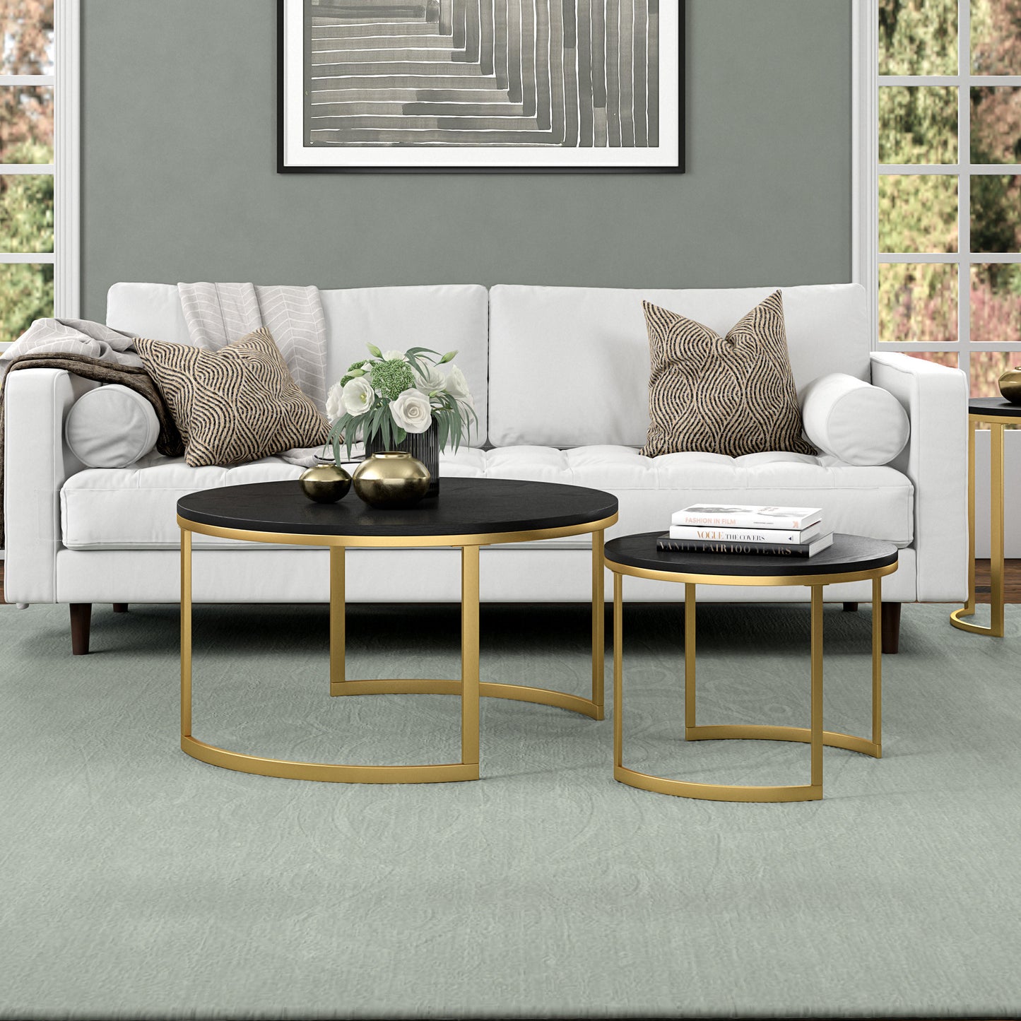 Set of Two 36" Black And Gold Steel Round Nested Coffee Tables