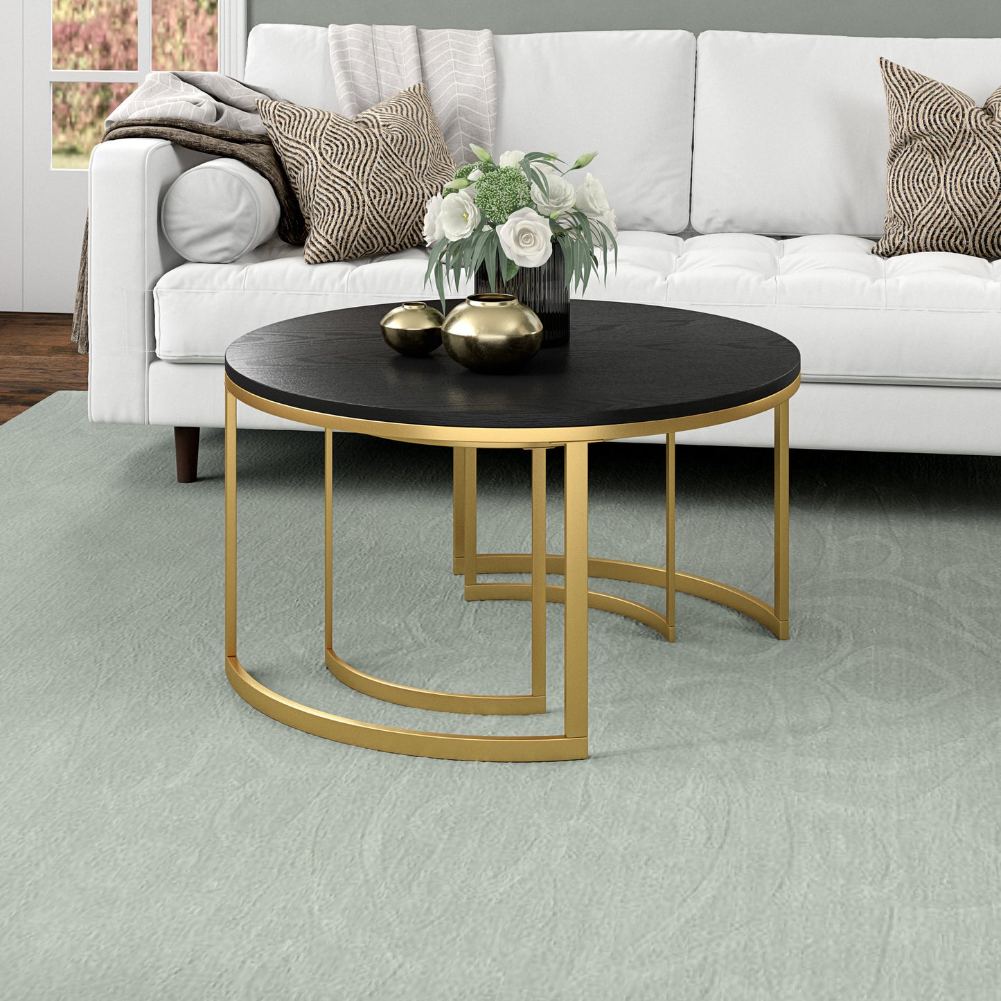 Set of Two 36" Black And Gold Steel Round Nested Coffee Tables