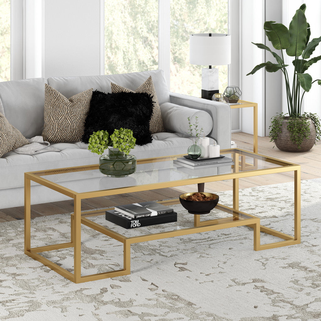 54" Gold Glass And Steel Coffee Table With Shelf