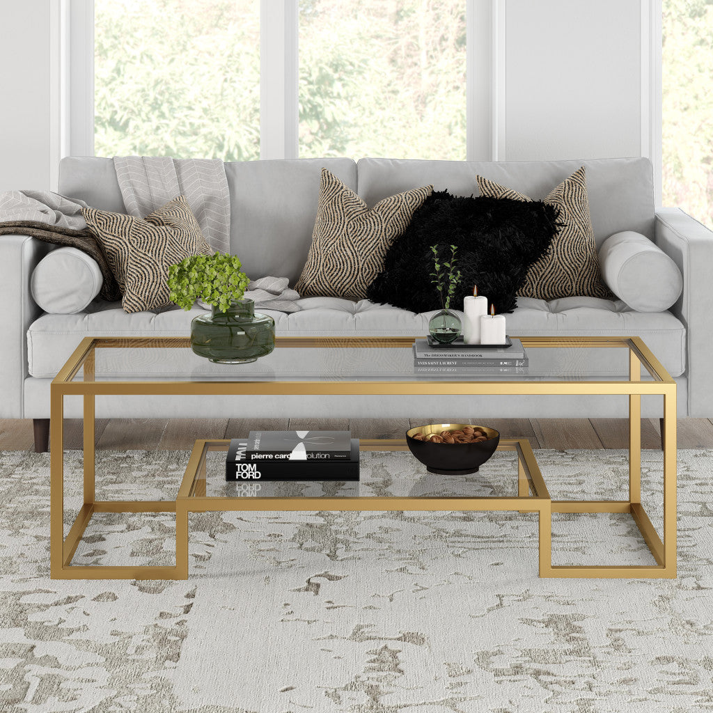 54" Gold Glass And Steel Coffee Table With Shelf
