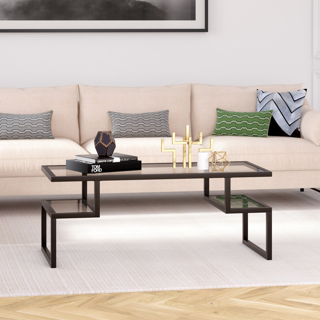 45" Black Glass And Steel Coffee Table With Two Shelves