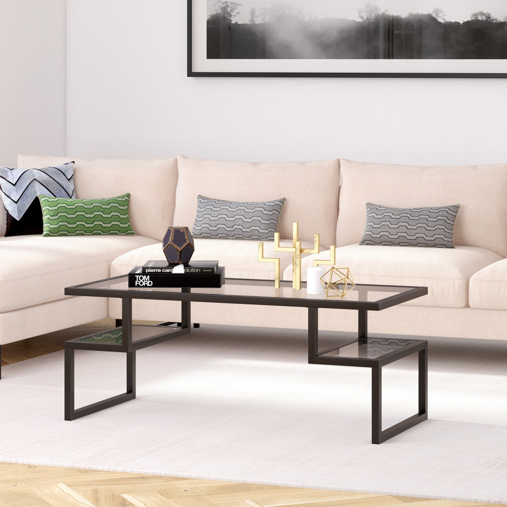 45" Black Glass And Steel Coffee Table With Two Shelves