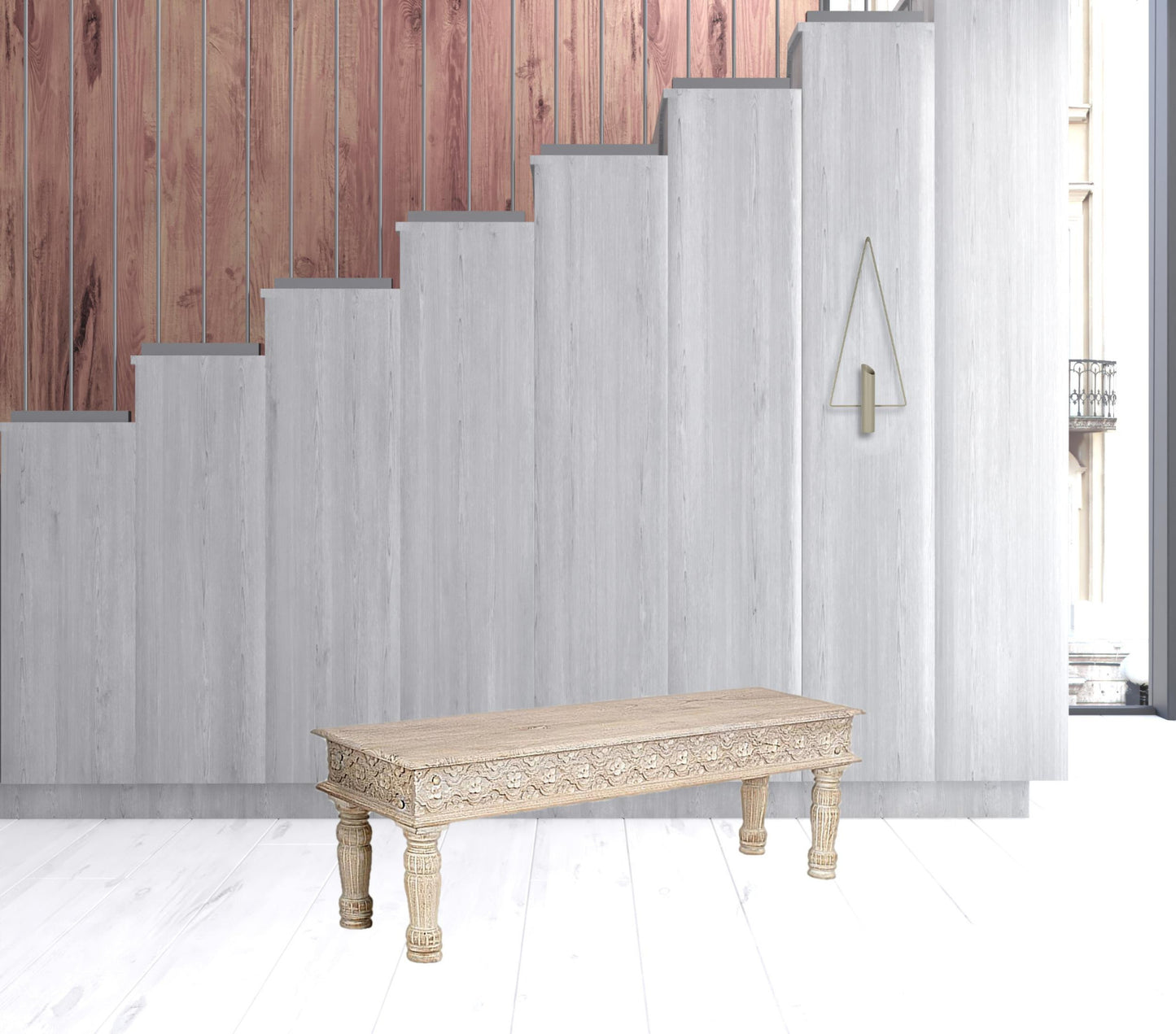 58" White Distressed Solid Wood Dining bench