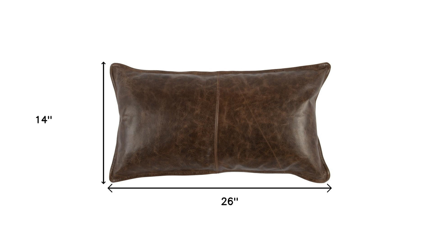 14" X 26" Brown Leather Zippered Pillow