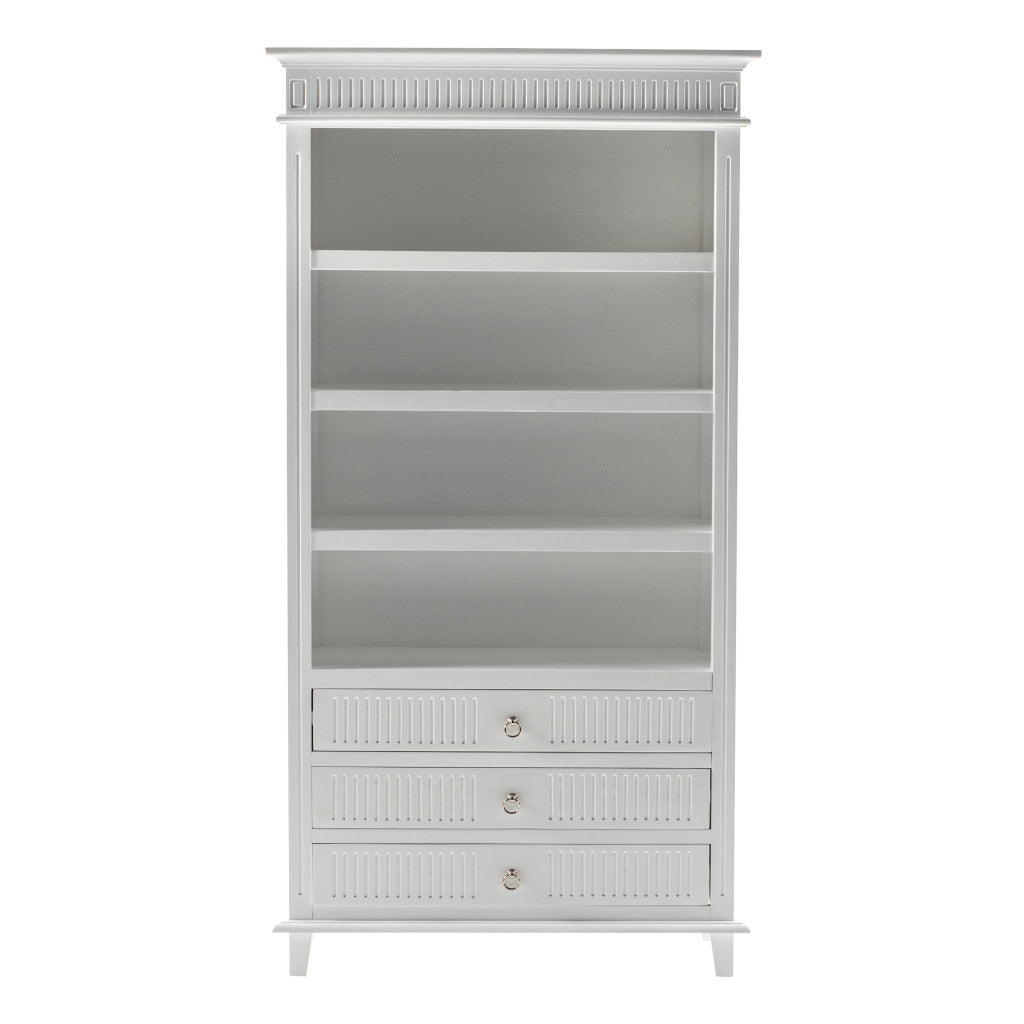 75" Antiqued White Solid Wood Four Tier Standard Bookcase With Three Drawers