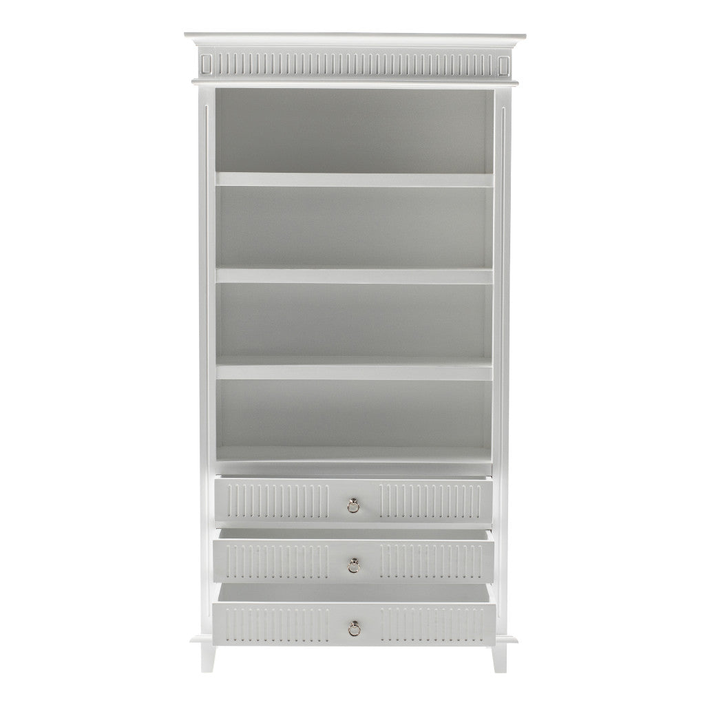 75" Antiqued White Solid Wood Four Tier Standard Bookcase With Three Drawers