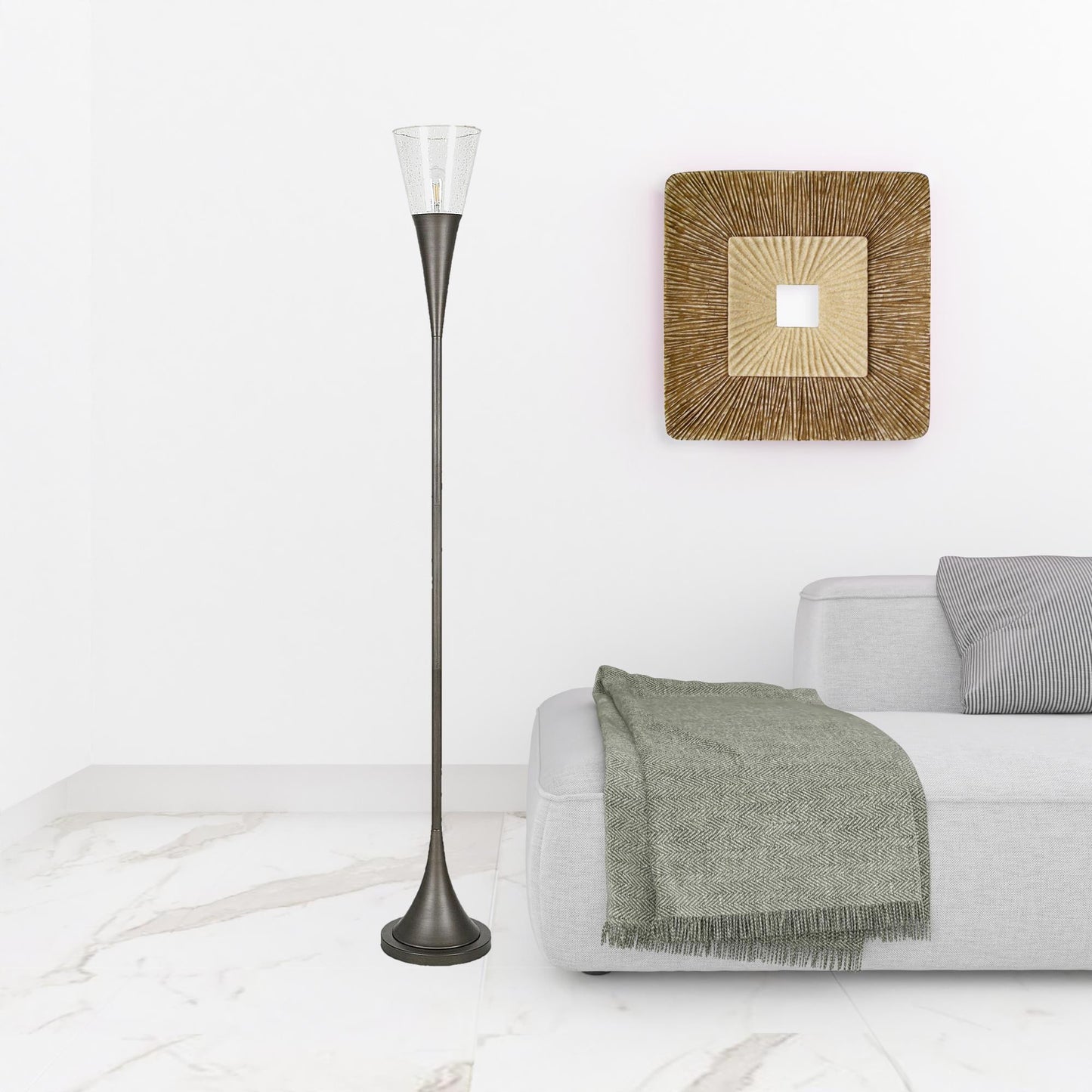 71" Steel Torchiere Floor Lamp With Clear Seeded Glass Cone Shade