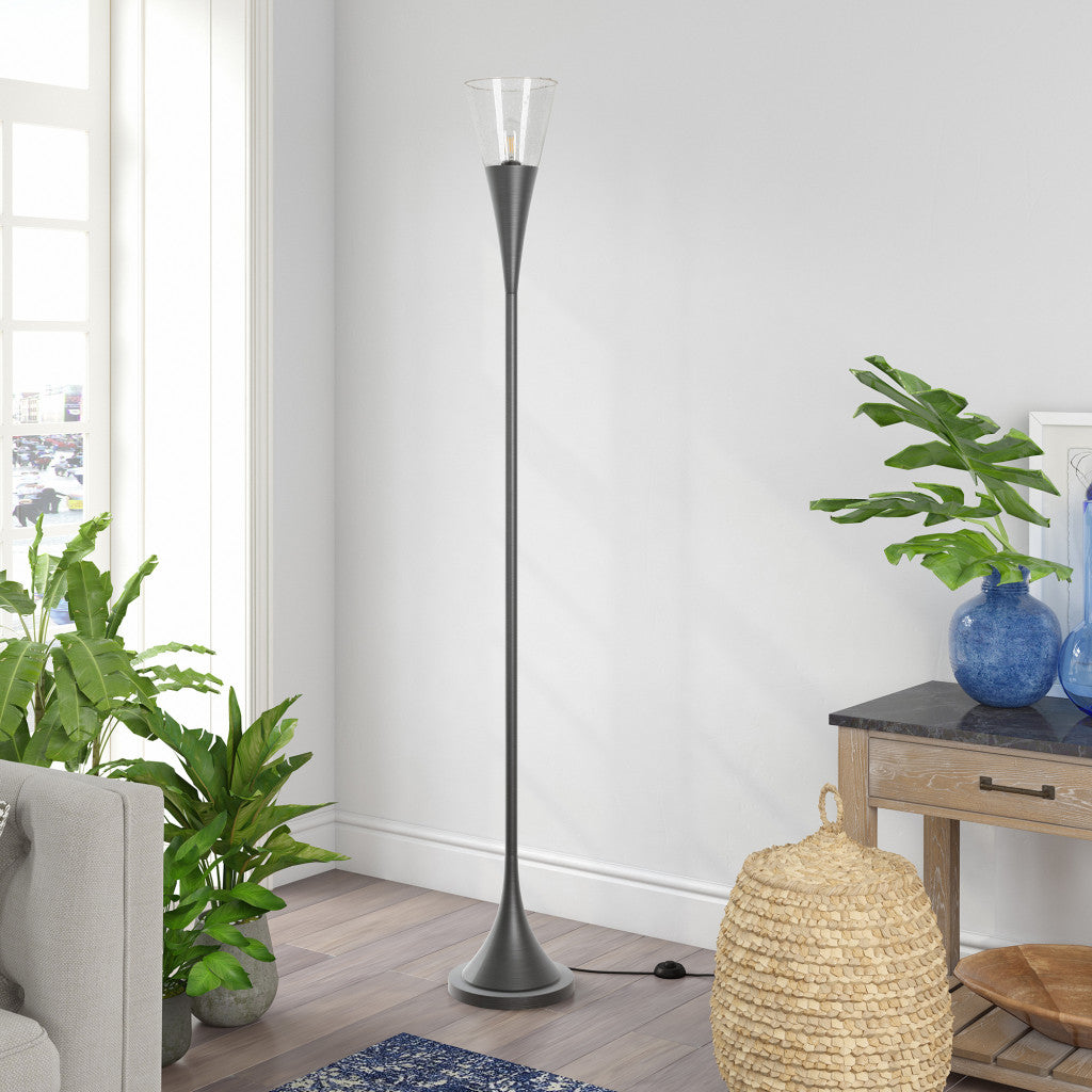 71" Steel Torchiere Floor Lamp With Clear Seeded Glass Cone Shade