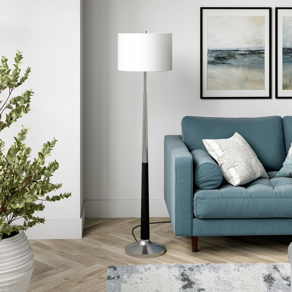 60" Black Traditional Shaped Floor Lamp With White Frosted Glass Drum Shade