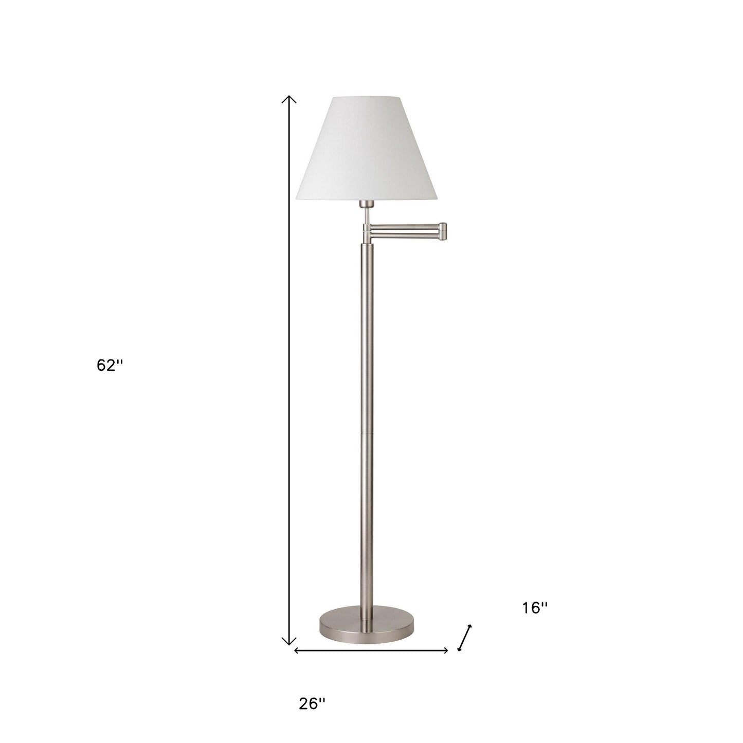62" Nickel Swing Arm Floor Lamp With White Frosted Glass Empire Shade