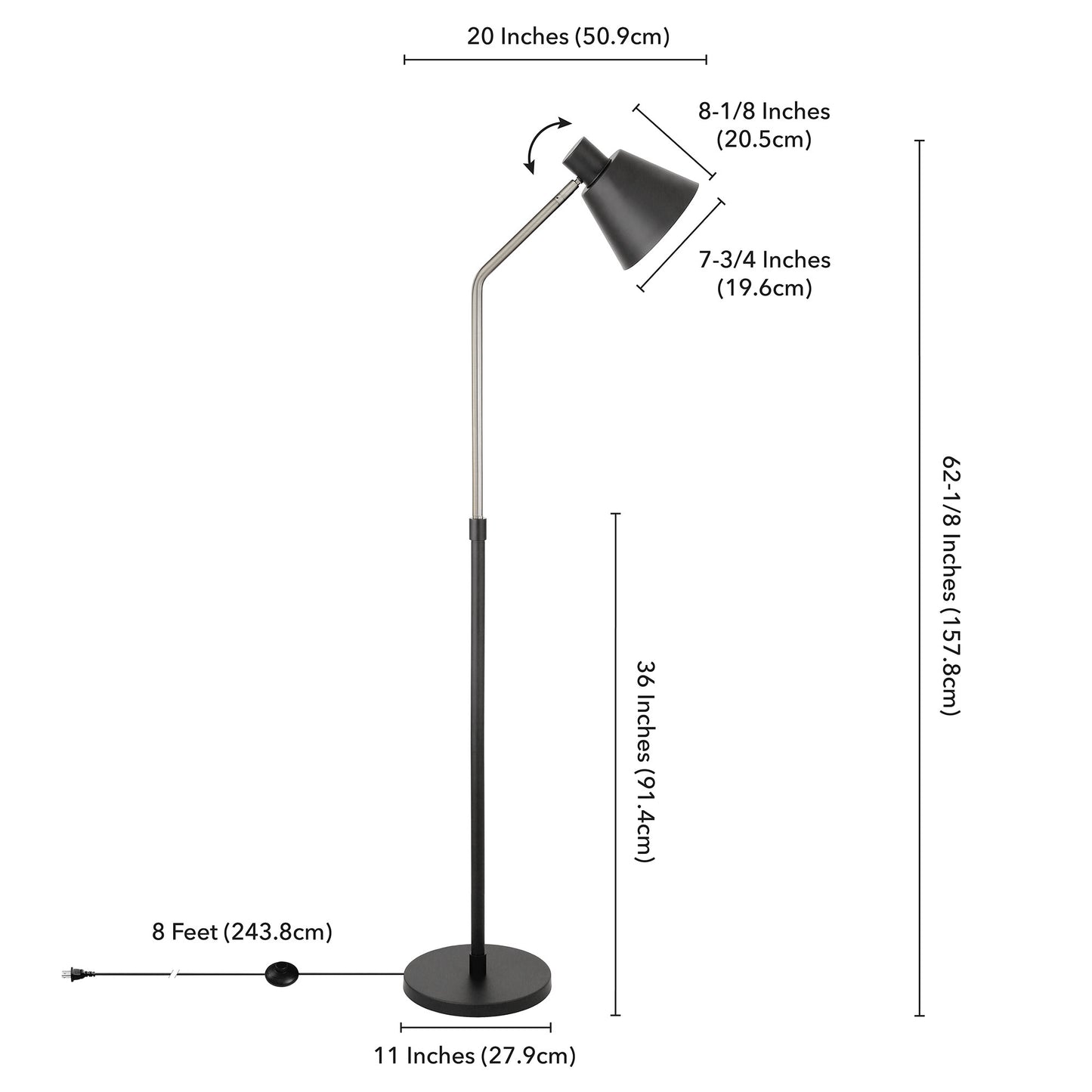 63" Black Reading Floor Lamp With Black Cone Shade