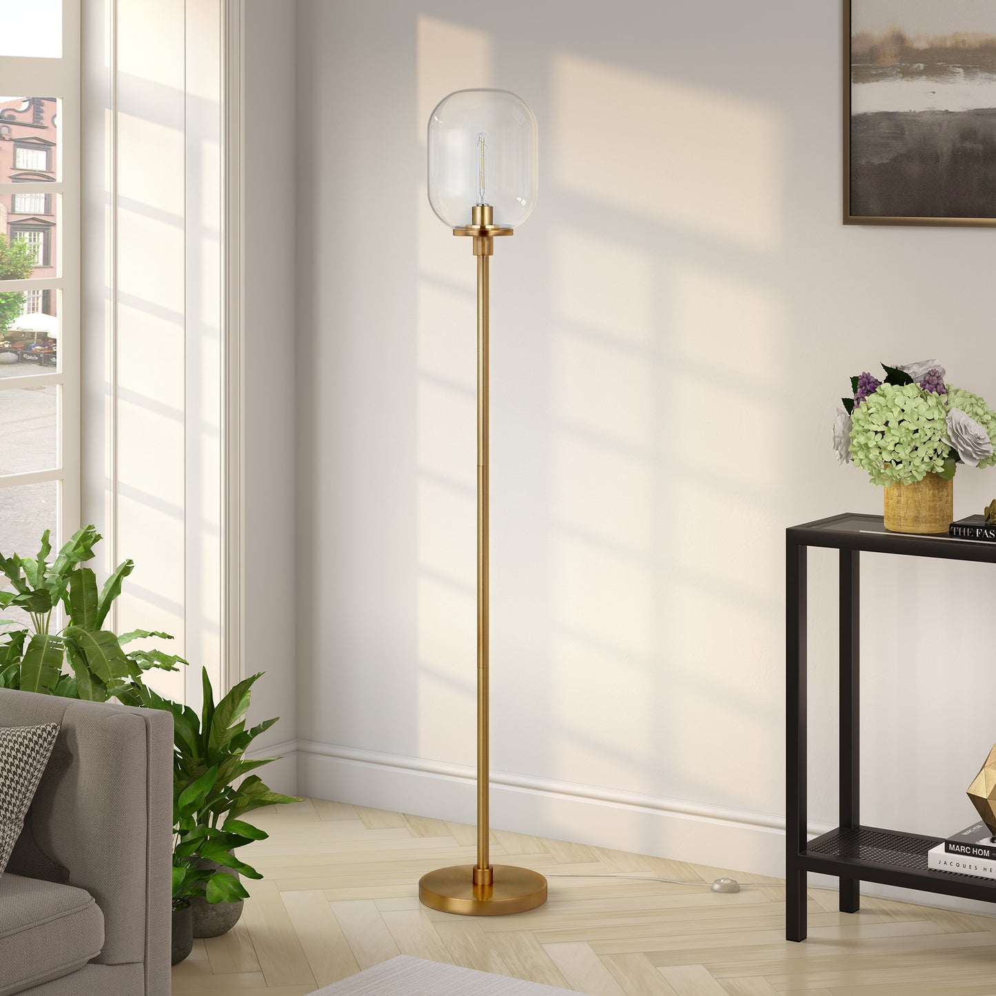 69" Brass Novelty Floor Lamp With Clear Seeded Glass Globe Shade