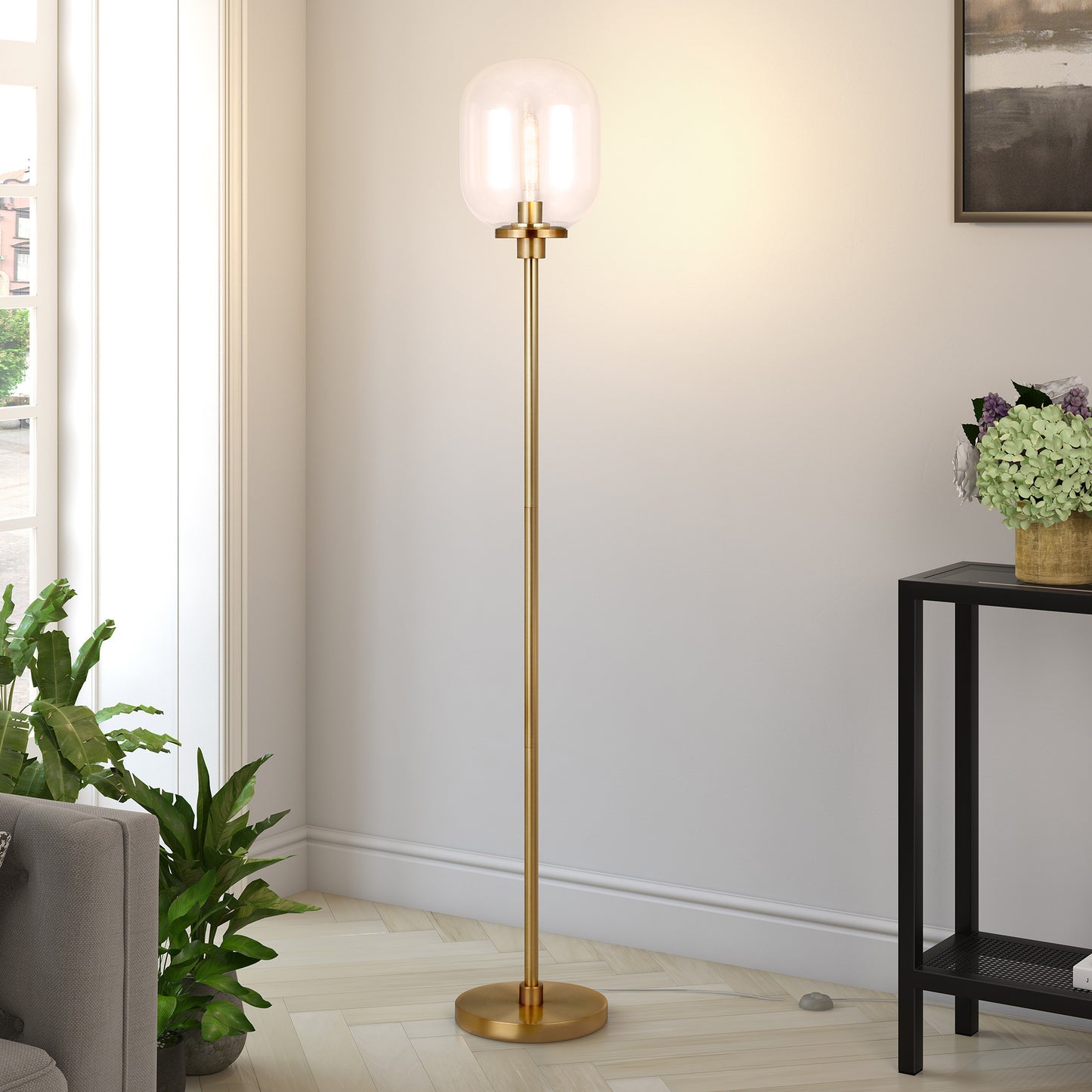 69" Brass Novelty Floor Lamp With Clear Seeded Glass Globe Shade
