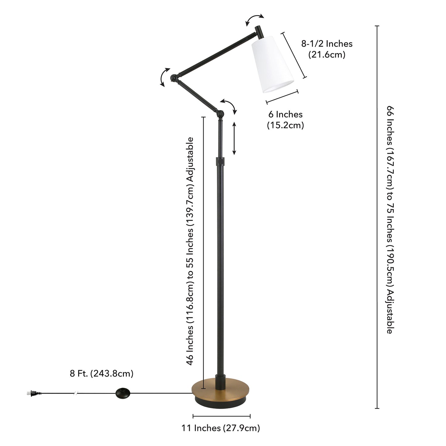 66" Black Reading Floor Lamp With White Frosted Glass Cone Shade
