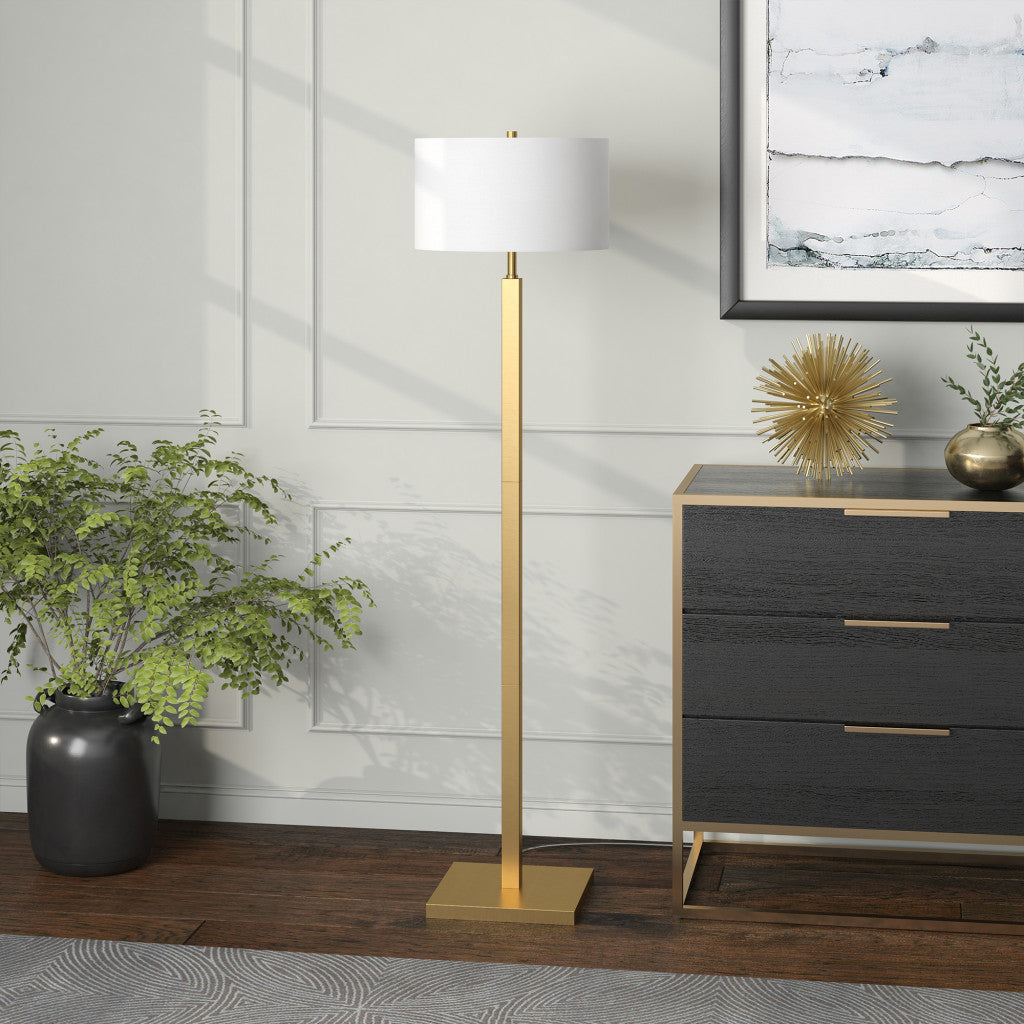 62" Brass Traditional Shaped Floor Lamp With White Frosted Glass Drum Shade