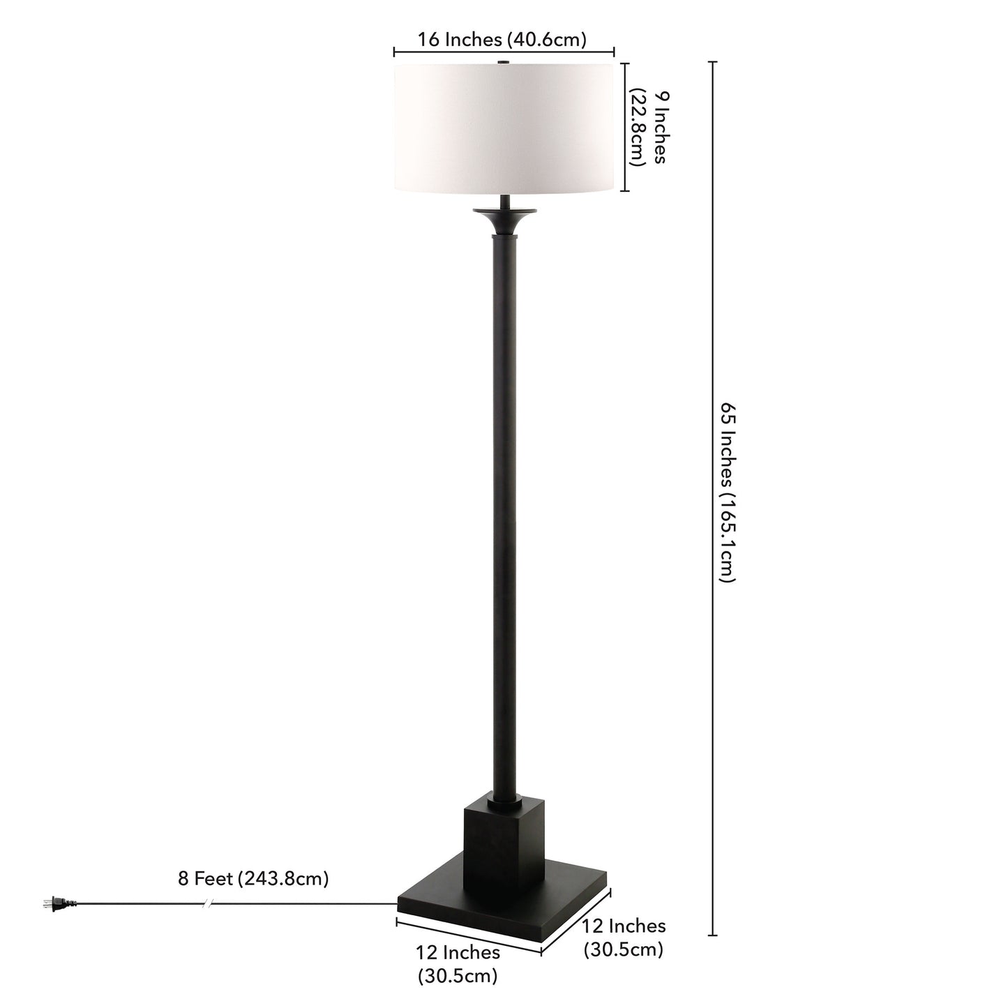 65" Black Traditional Shaped Floor Lamp With White Frosted Glass Drum Shade