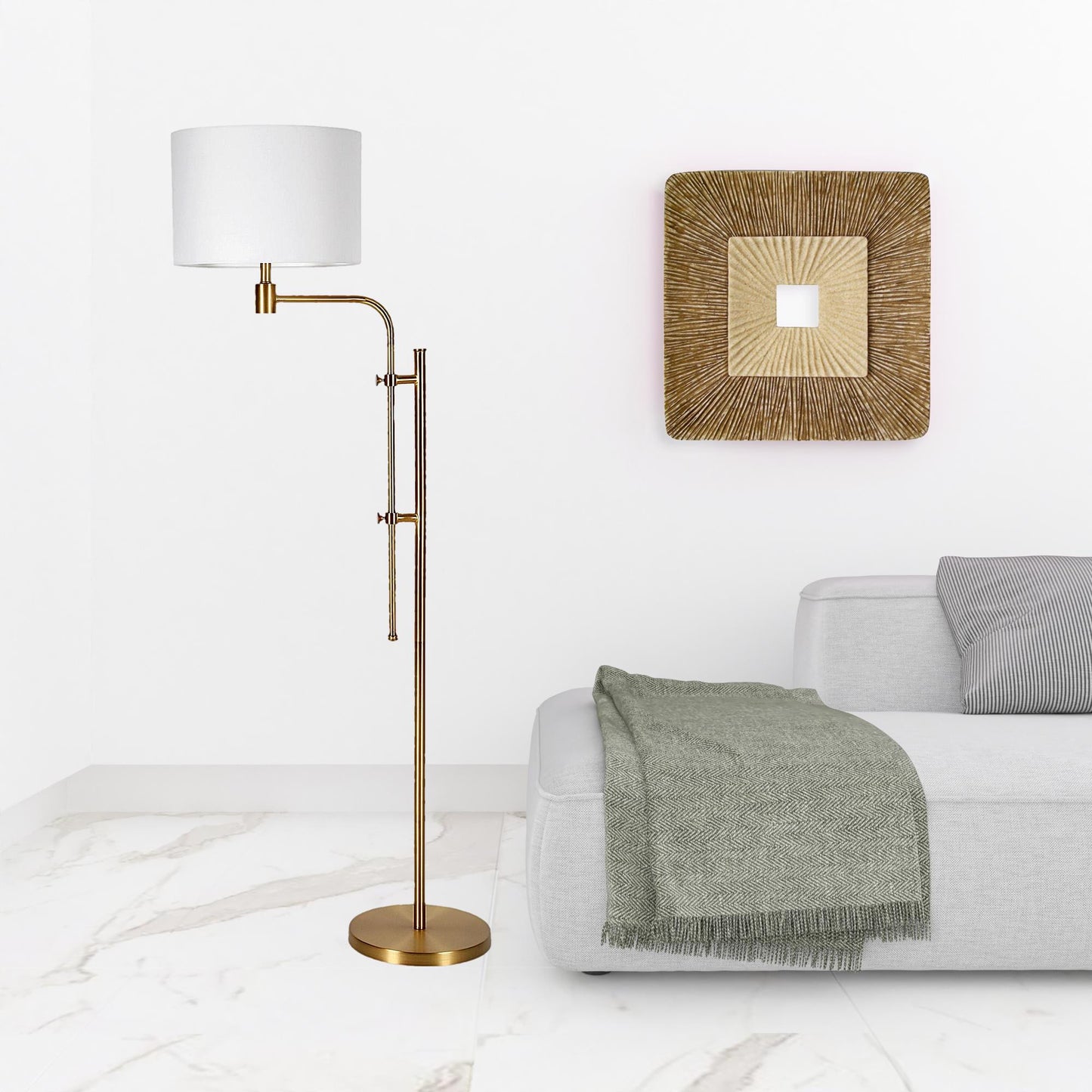 71" Brass Adjustable Traditional Shaped Floor Lamp With White Frosted Glass Drum Shade