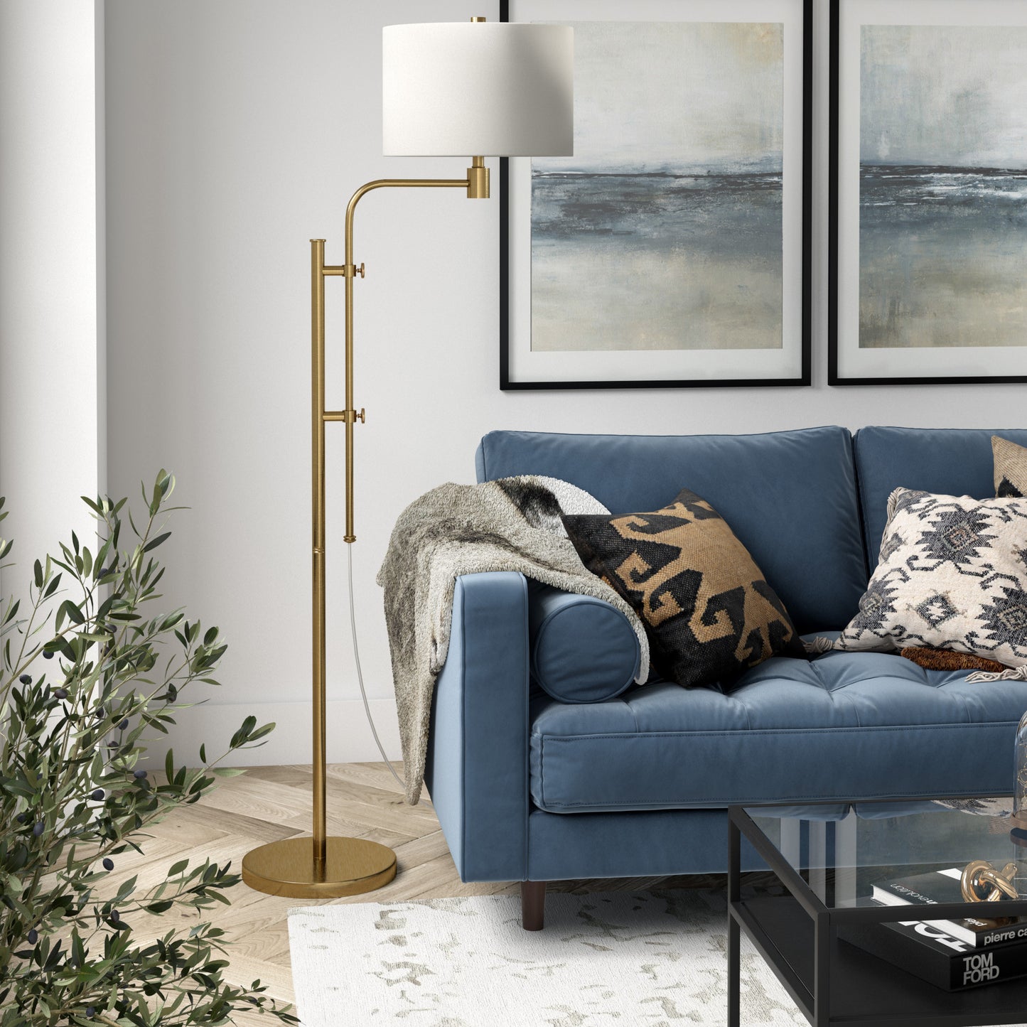 71" Brass Adjustable Traditional Shaped Floor Lamp With White Frosted Glass Drum Shade