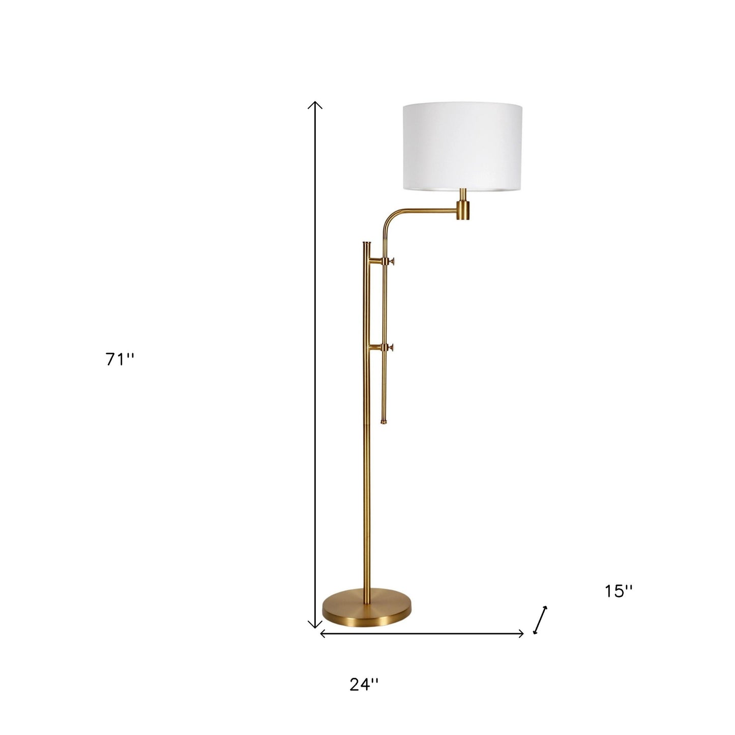 71" Brass Adjustable Traditional Shaped Floor Lamp With White Frosted Glass Drum Shade