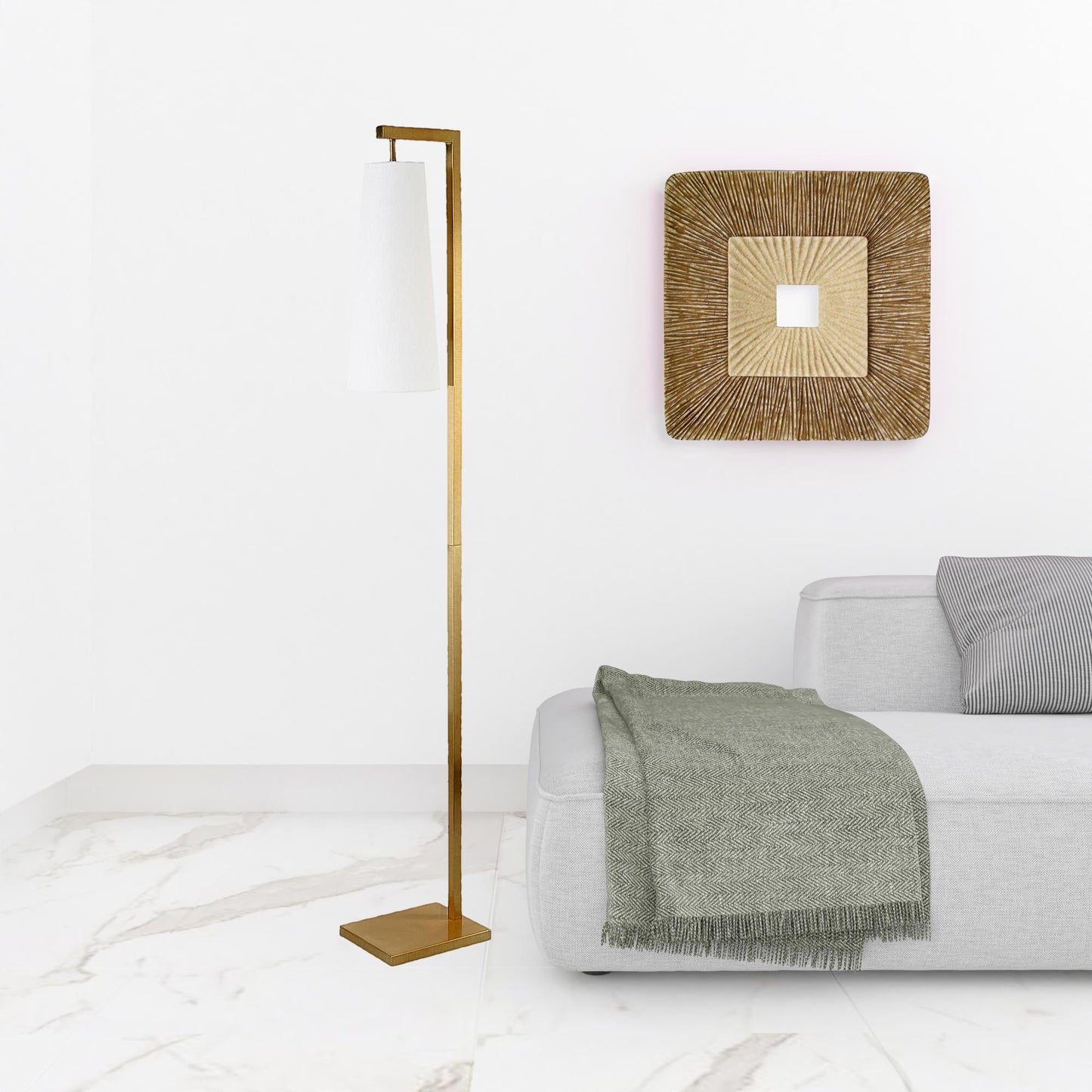 71" Brass Reading Floor Lamp With White Frosted Glass Cone Shade
