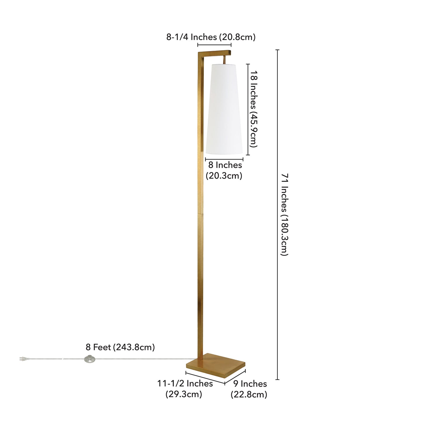 71" Brass Reading Floor Lamp With White Frosted Glass Cone Shade