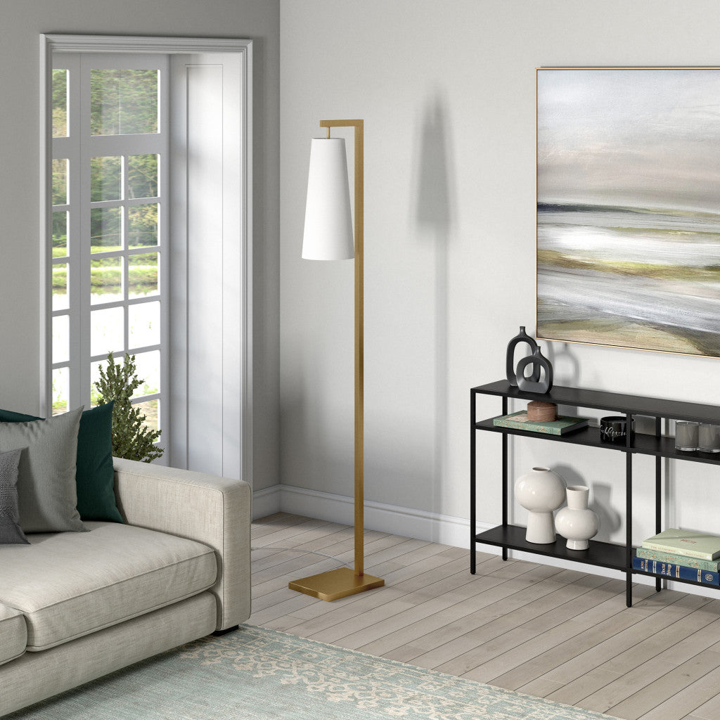 71" Brass Reading Floor Lamp With White Frosted Glass Cone Shade