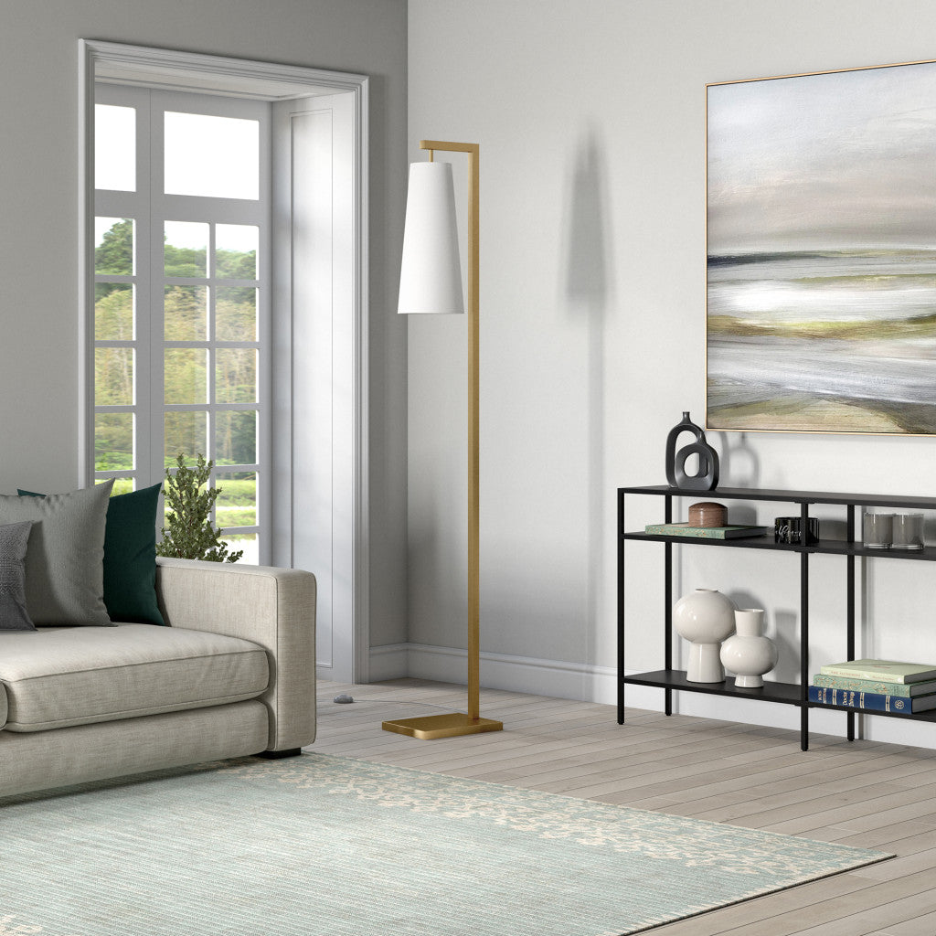 71" Brass Reading Floor Lamp With White Frosted Glass Cone Shade