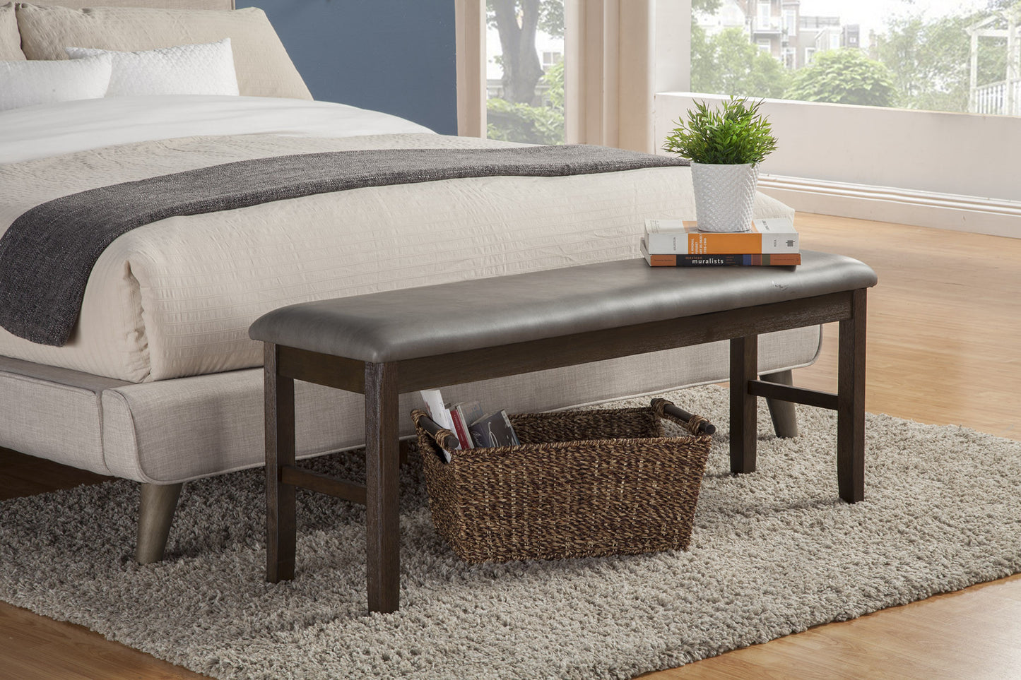 49" Tan and Dark Brown Faux Leather Distressed Upholstery Dining Bench
