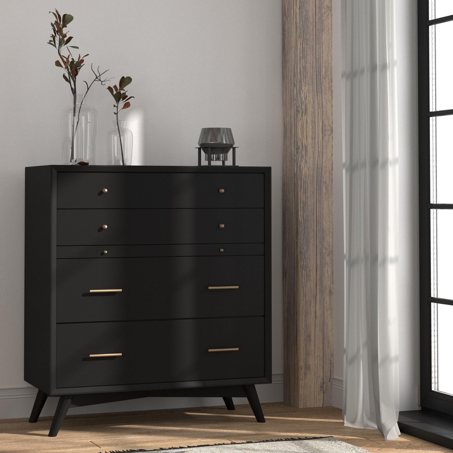 38" Black Solid Wood Four Drawer Chest