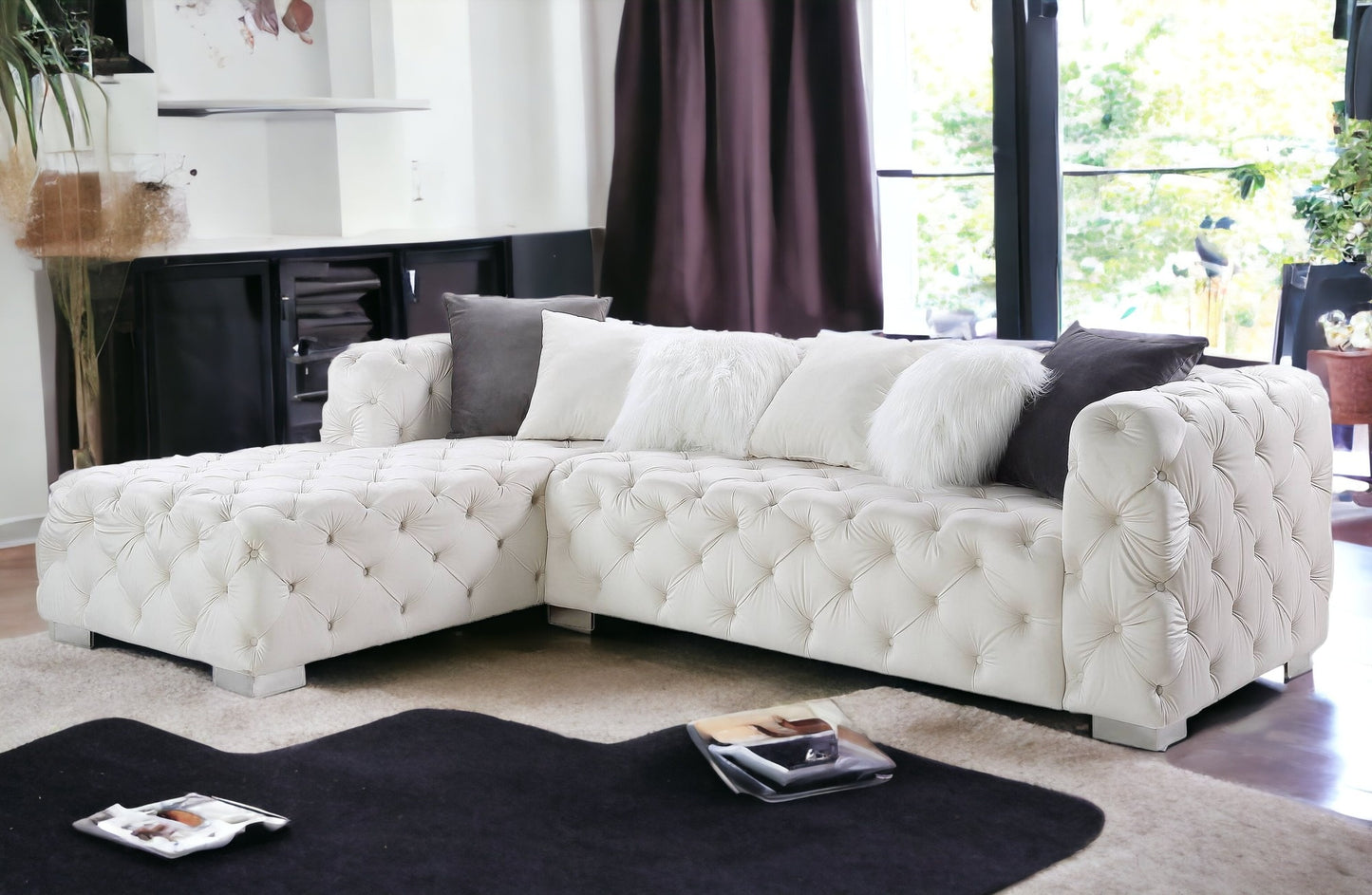 Beige Velvet L Shaped Two Piece Seating Component