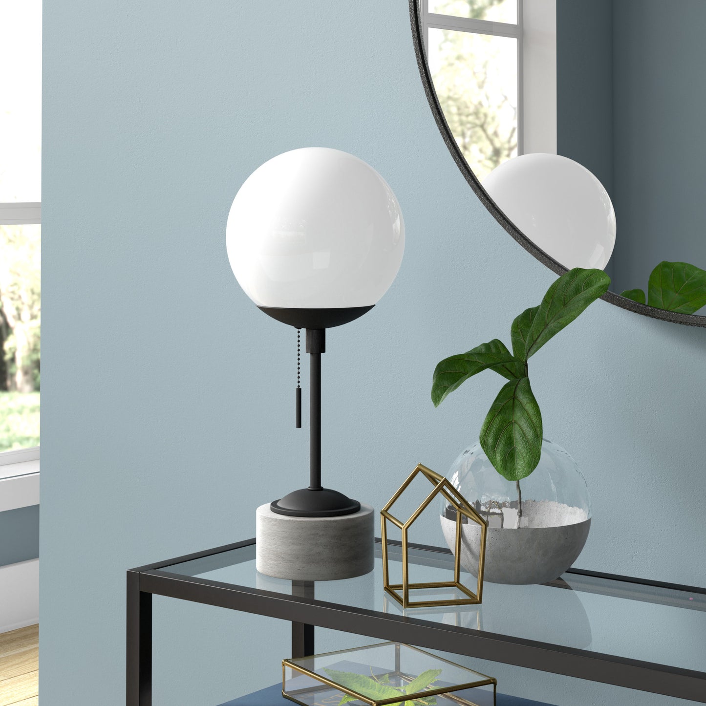 18" Gray and Black Concrete Globe Table Lamp With White Globe Shade
